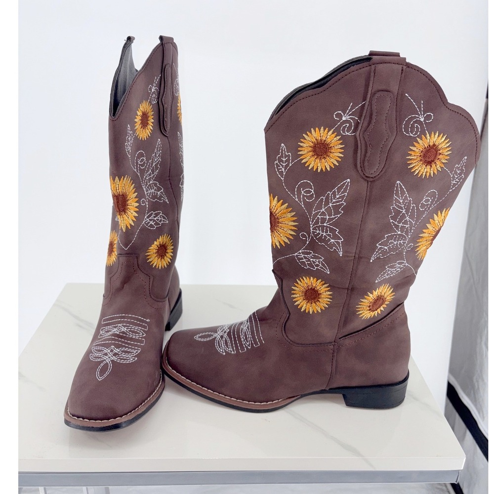 Unbranded Sunflower Western Cowboy Boots 41 Brown Floral Square Toe Mid-Calf
